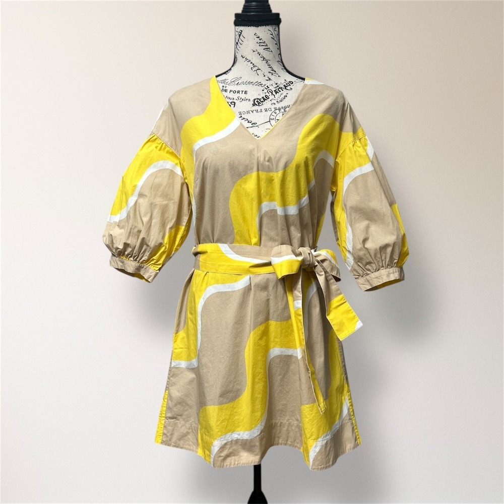 Chinti & Parker Yellow Print Mini Dress Puff Sleeve‎ Belted Resort Vacation